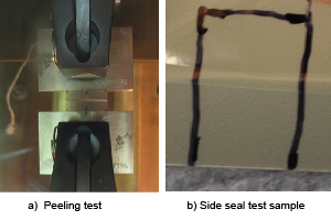 Figure 2 Peeling test of a strip of bonded pouch layers cut from the side seal of a pouch