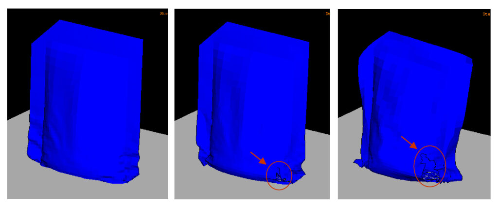 Figure 9. Finite element simulation of flexible package drop, including material failure.